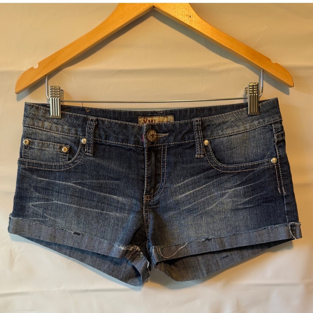 YMI Jeans Women 7 Blue Denim Shorts Y2K Low Rise Cuffed Whiskered Dark Wash